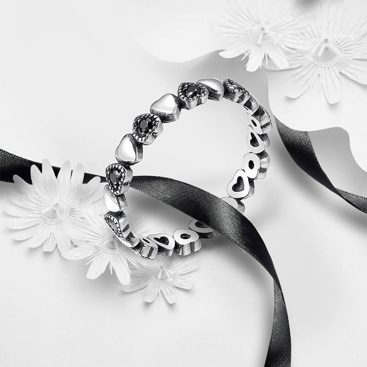 Women's Ring with Silver and Black Hearts Women's Jewelry Women's Rings