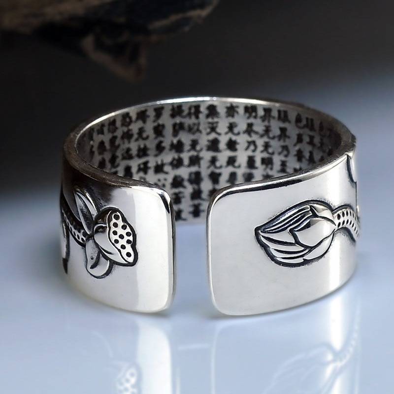 Silver Lotus Flower Open Ring Heart Sutra Women's Jewelry Women's Rings