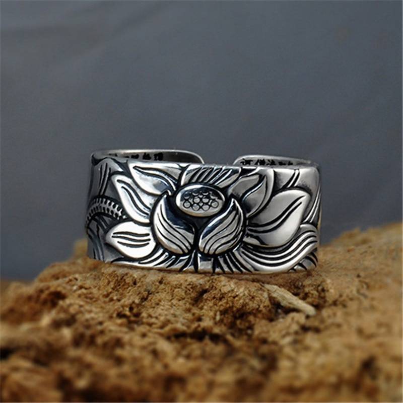 Silver Lotus Flower Open Ring Heart Sutra Women's Jewelry Women's Rings