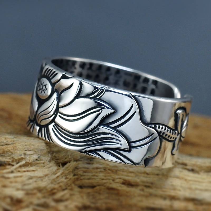 Silver Lotus Flower Open Ring Heart Sutra Women's Jewelry Women's Rings