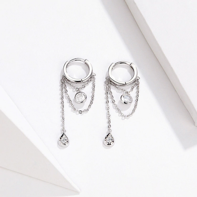 Waterdrop Geometric Silver Chain Dangle Earrings | Jewelry Addicts