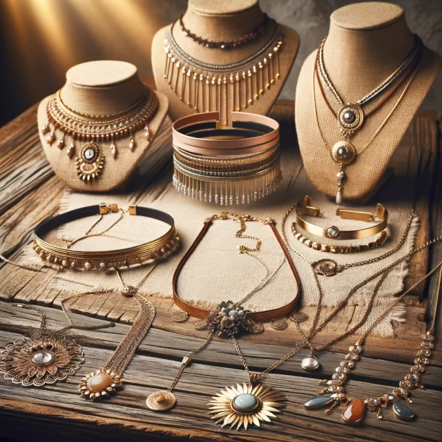A variety of stylish necklaces displayed on a rustic wooden table, including a choker, pendant, lariat, and bib necklace, each made from different materials like gold, silver, and gemstones.