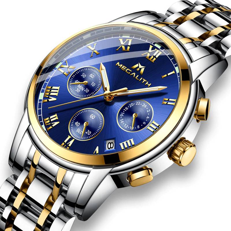Luxury Luminous Waterproof Stainless Analogue Watch Megalith Men's Wrist Watches