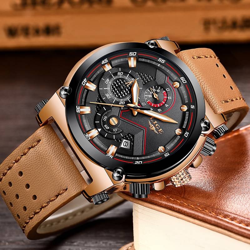 LIGE Watch Waterproof Quartz with Leather Strap Lige Men's Wrist Watches