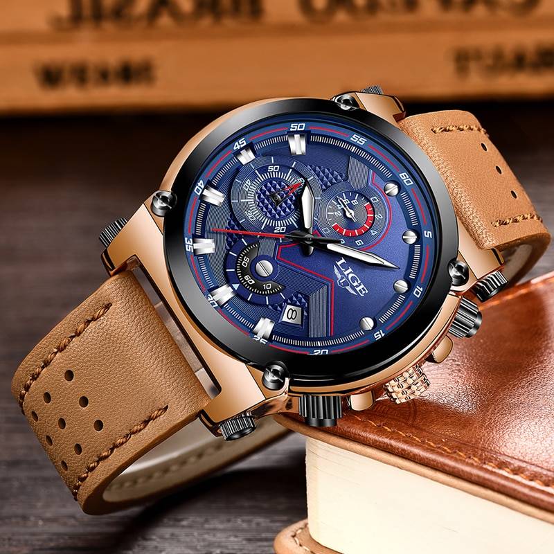 LIGE Watch Waterproof Quartz with Leather Strap Lige Men's Wrist Watches