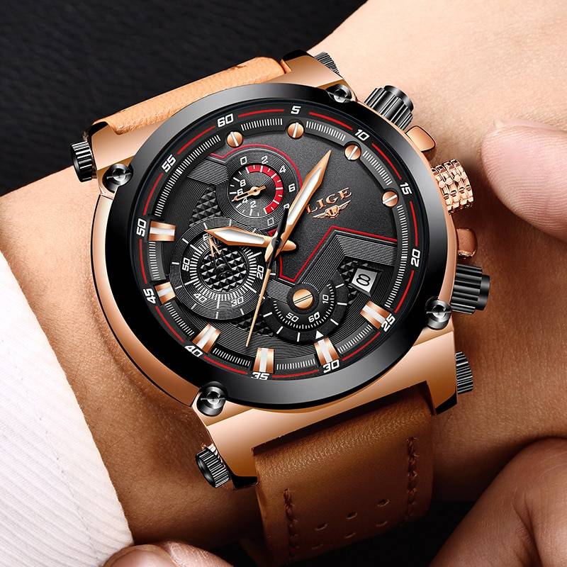LIGE Watch Waterproof Quartz with Leather Strap Lige Men's Wrist Watches