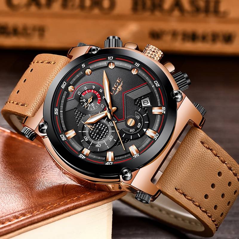 LIGE Watch Waterproof Quartz with Leather Strap Lige Men's Wrist Watches