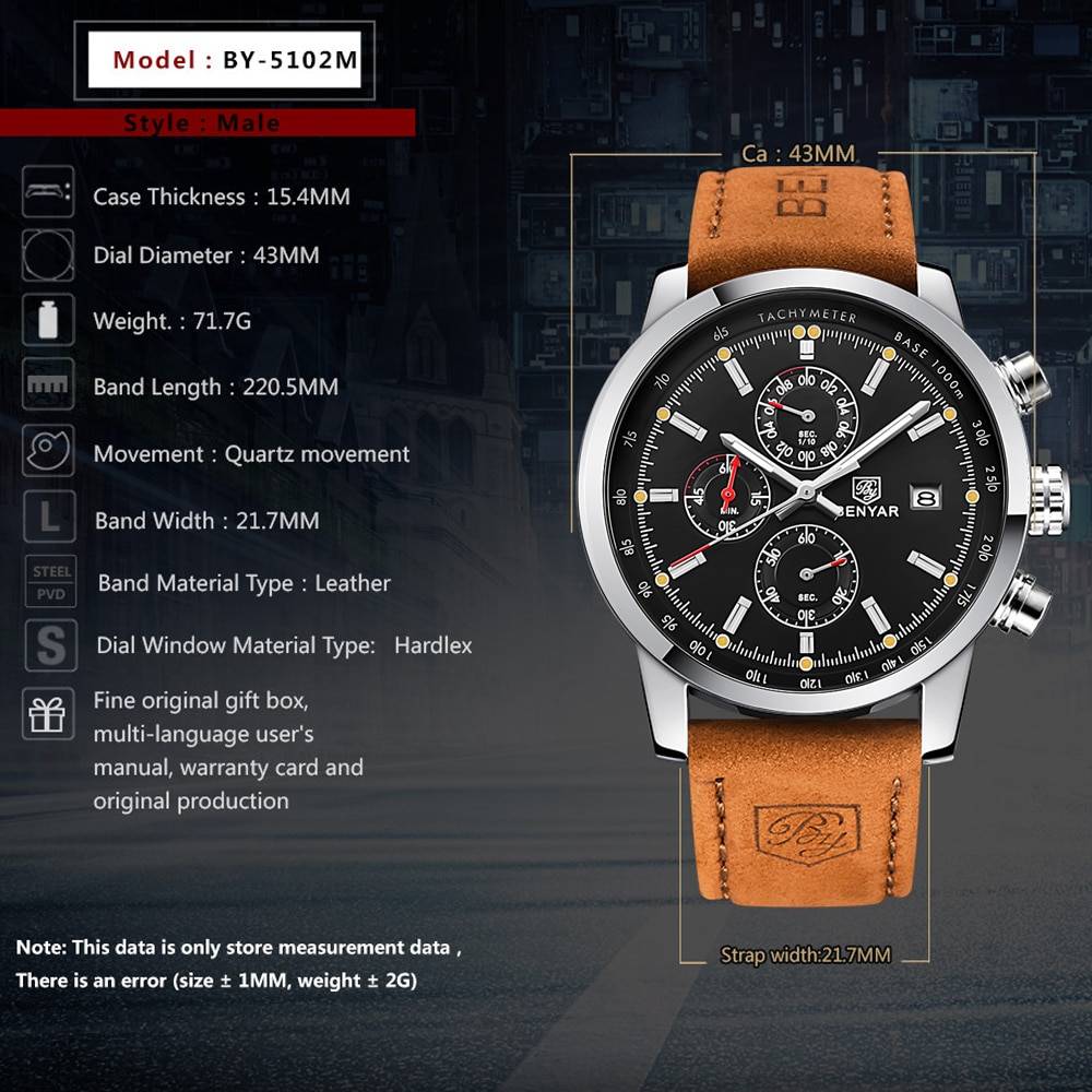 BENYAR Men's Round Leather Wrist Watch Benyar Men's Wrist Watches