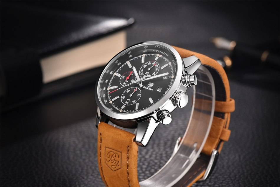 BENYAR Men's Round Leather Wrist Watch Benyar Men's Wrist Watches