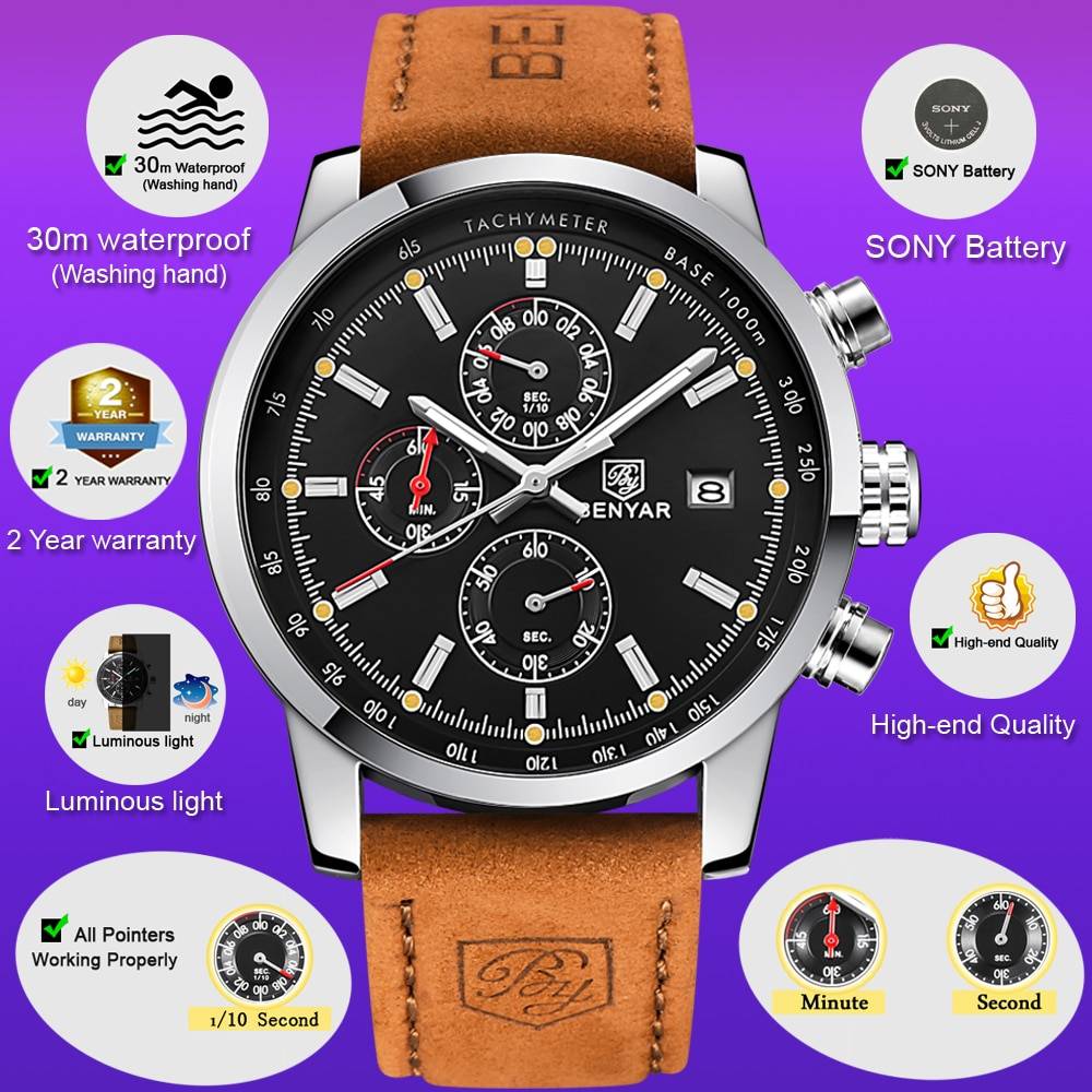 BENYAR Men's Round Leather Wrist Watch Benyar Men's Wrist Watches