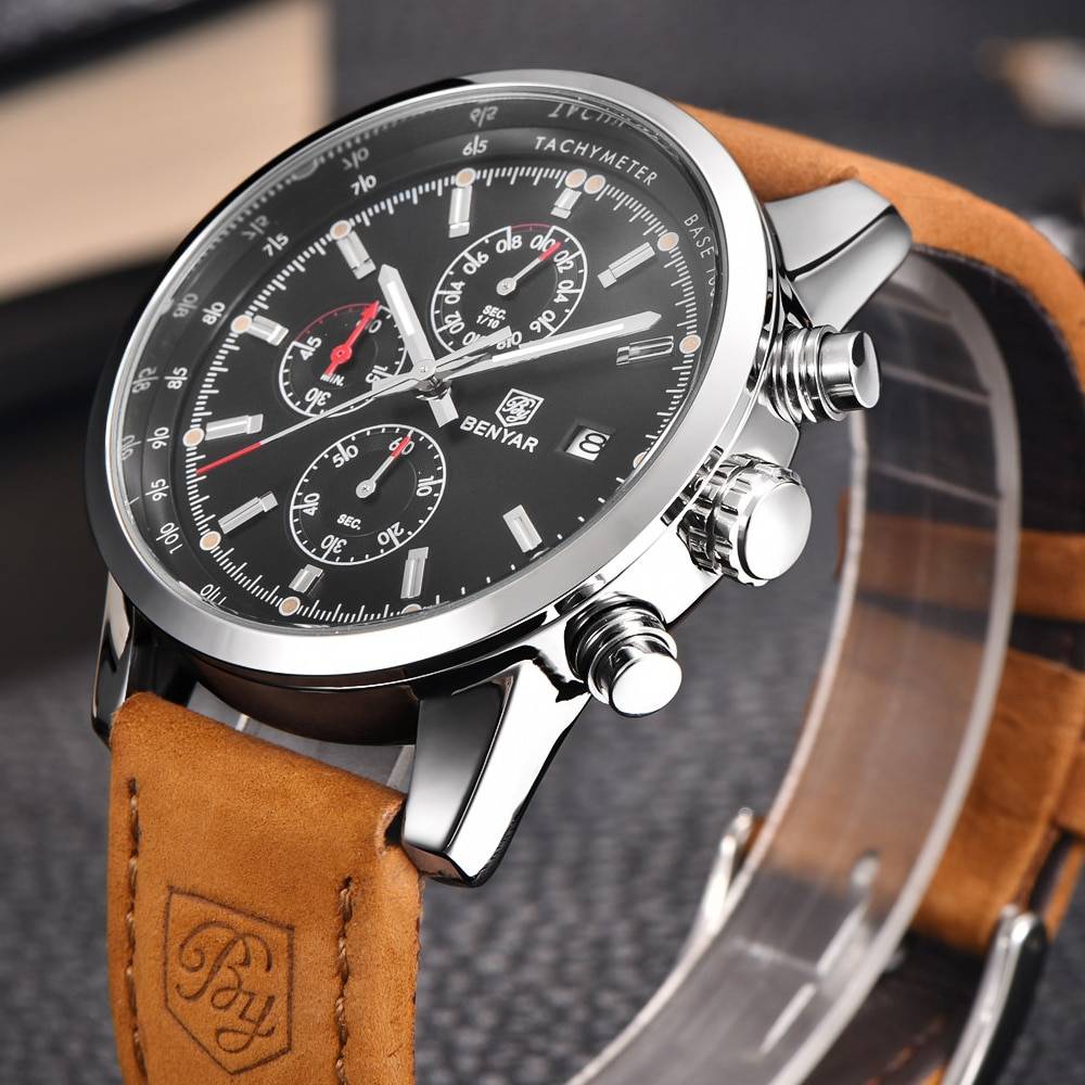 BENYAR Men's Round Leather Wrist Watch Benyar Men's Wrist Watches