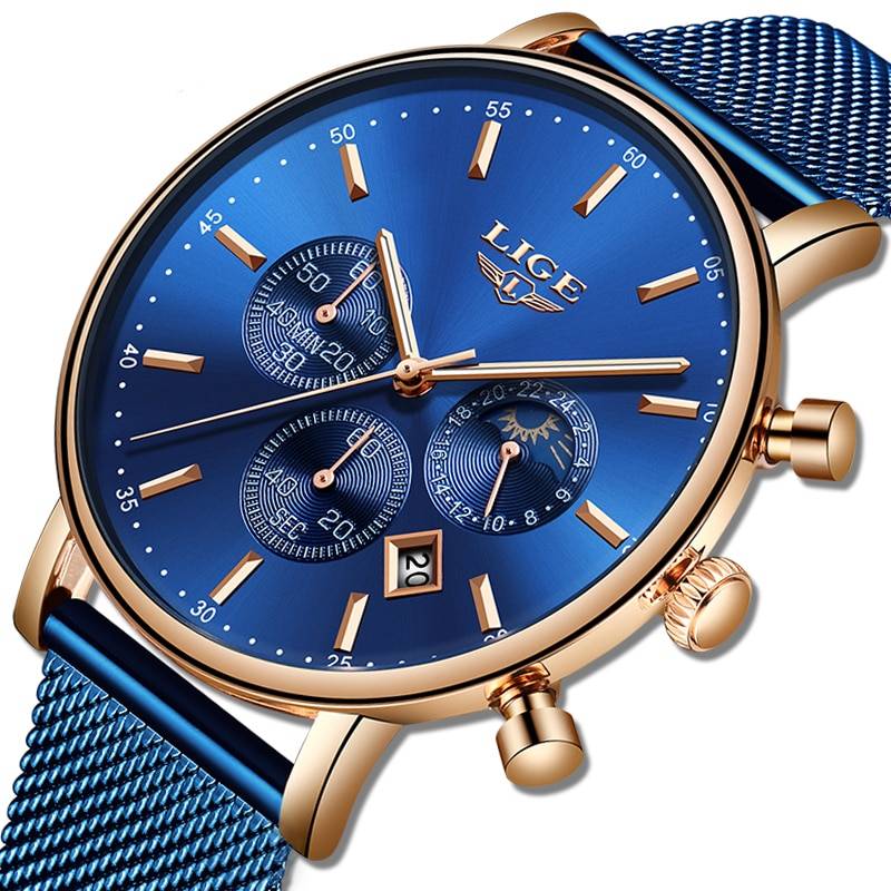 LIGE Men's Quartz Mesh Bracelet Waterproof Watch Lige Men's Wrist Watches