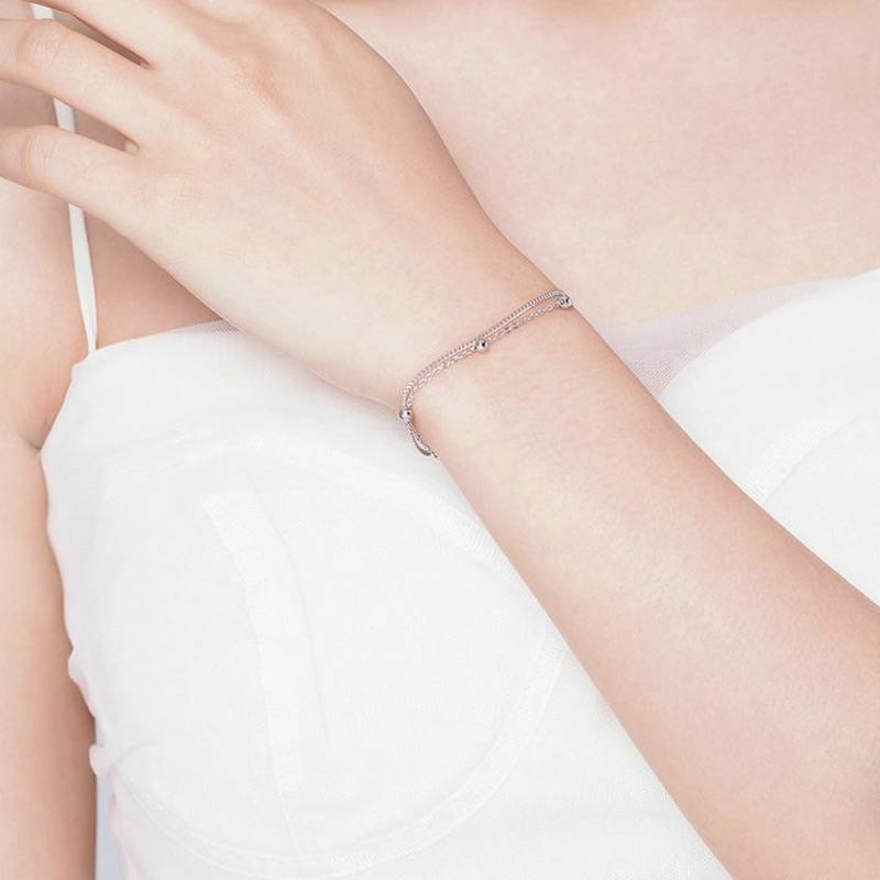 Silver Round Beads Double Layers Link Chain Bracelet Bracelets & Bangles Women's Jewelry