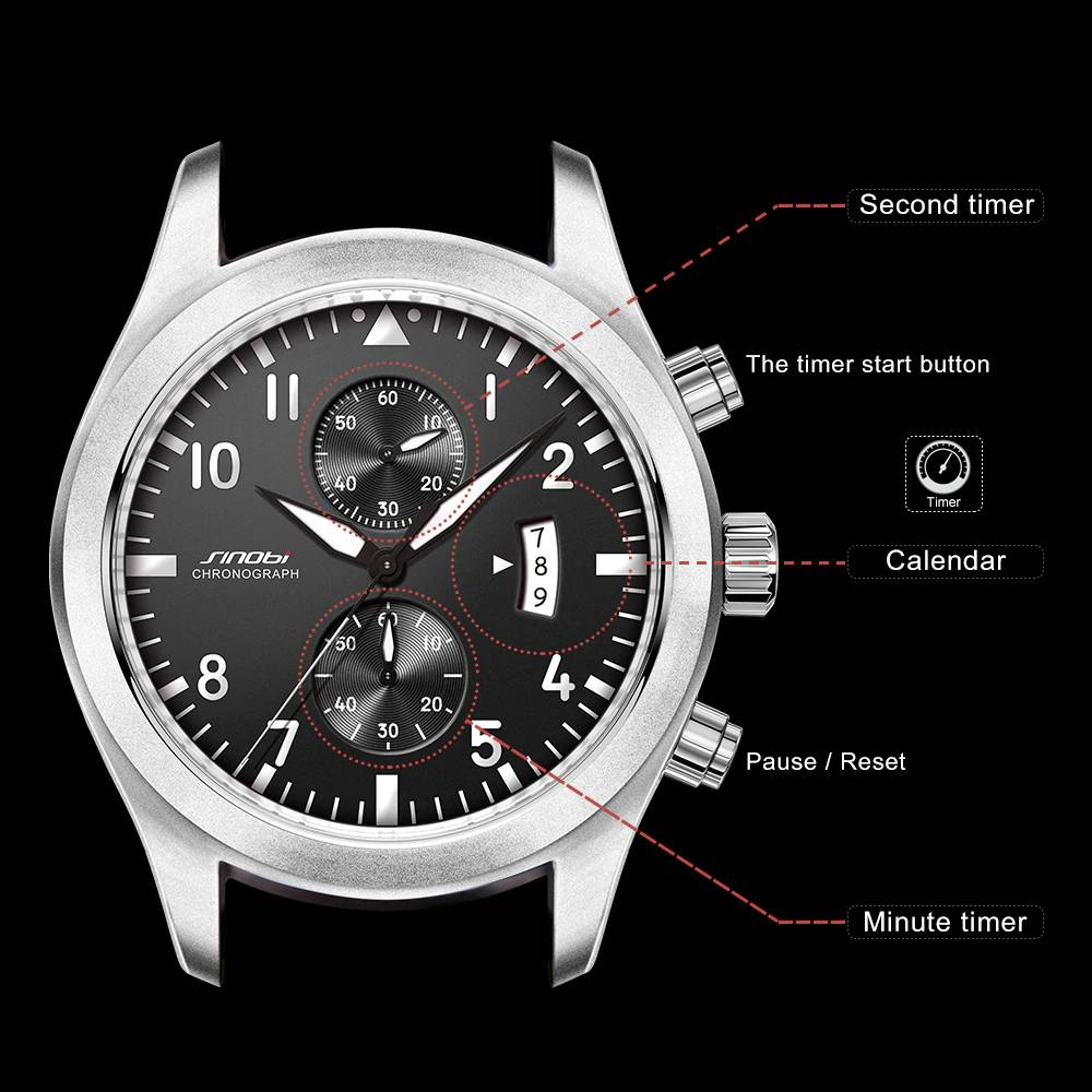 Classic Big Dial Pilot Chronograph Quartz Watches Men's Wrist Watches Sinobi
