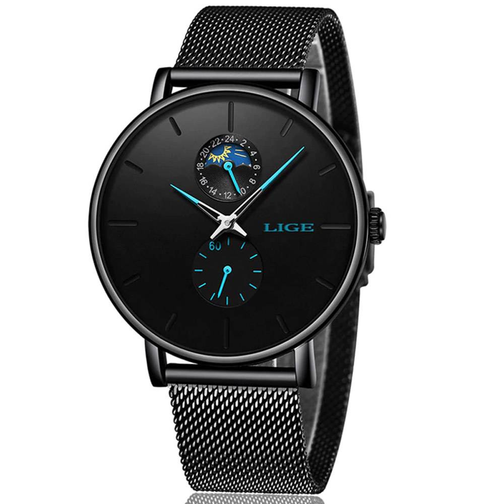 LIGE Ultra Thin Casual Black Quartz Mesh Watch Lige Men's Wrist Watches