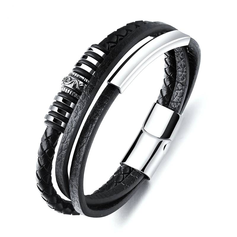 Leather Braid Multilayer Rope Chain Stainless Steel Bracelet Men's Bracelets
