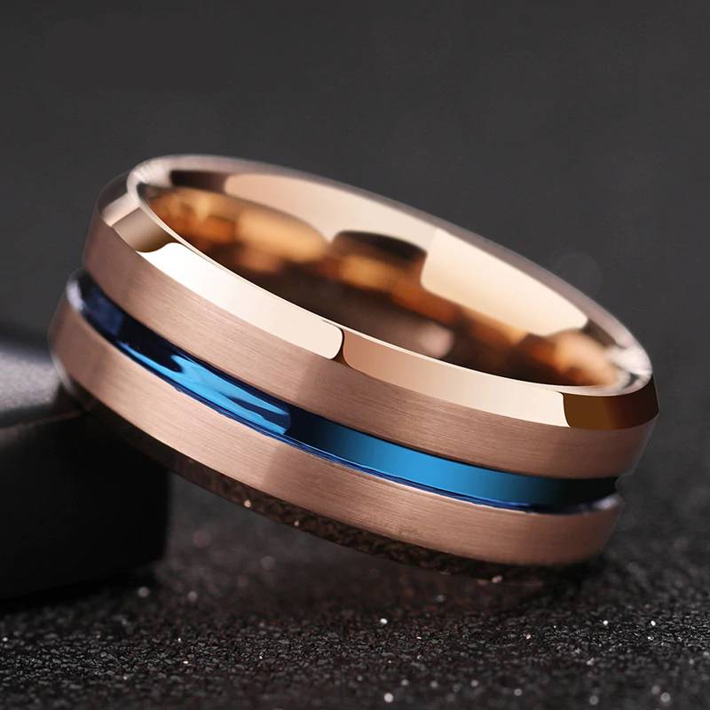 Mens Tungsten Brushed Ring with Blue Groove Mens Rings