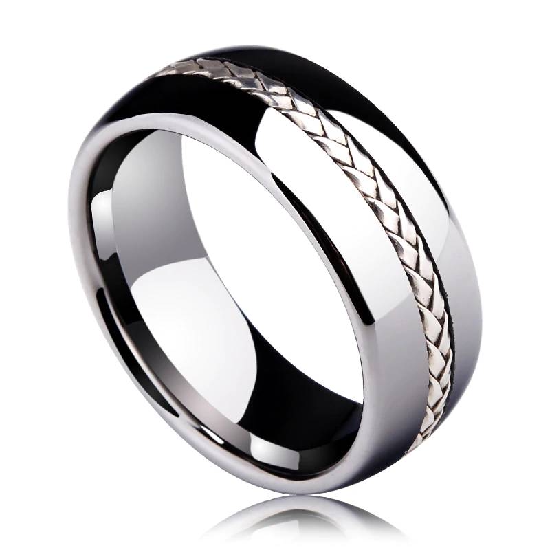 Men's Tungsten Silver Rope Inlay Wedding Ring Mens Rings
