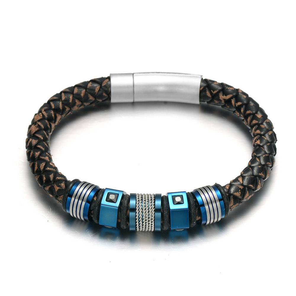Leather Braided Black Zircon Blue Beads Bracelet Men's Bracelets Men's Jewelry