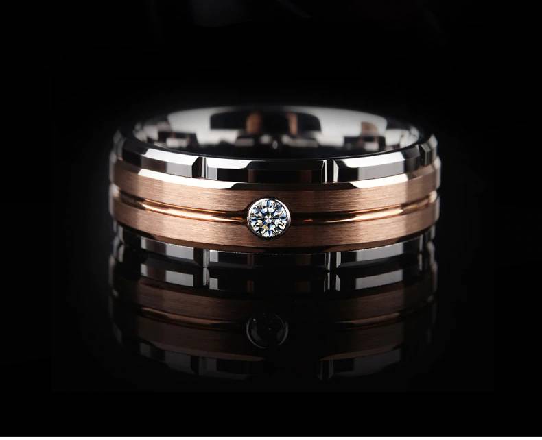 Men's Tungsten Rose-Gold Plating with White Cubic Zirconia Stone