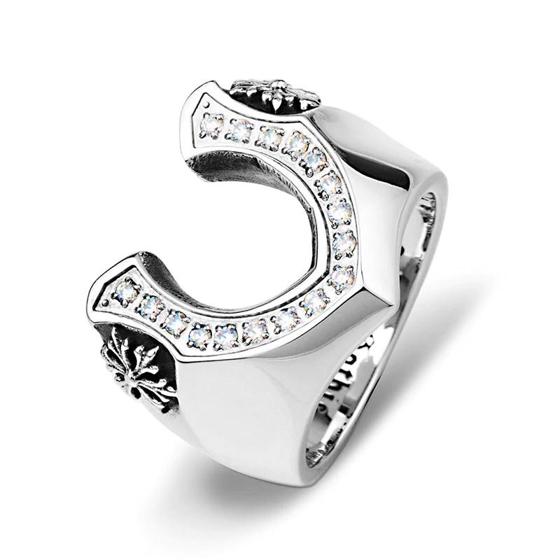 Letter V Victory Cubic Zircon Stainless steel Ring Mens Rings