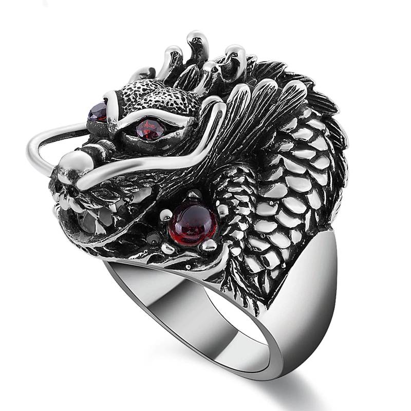 925 Silver Dragon Red Zircon Eye Ring Mens Rings