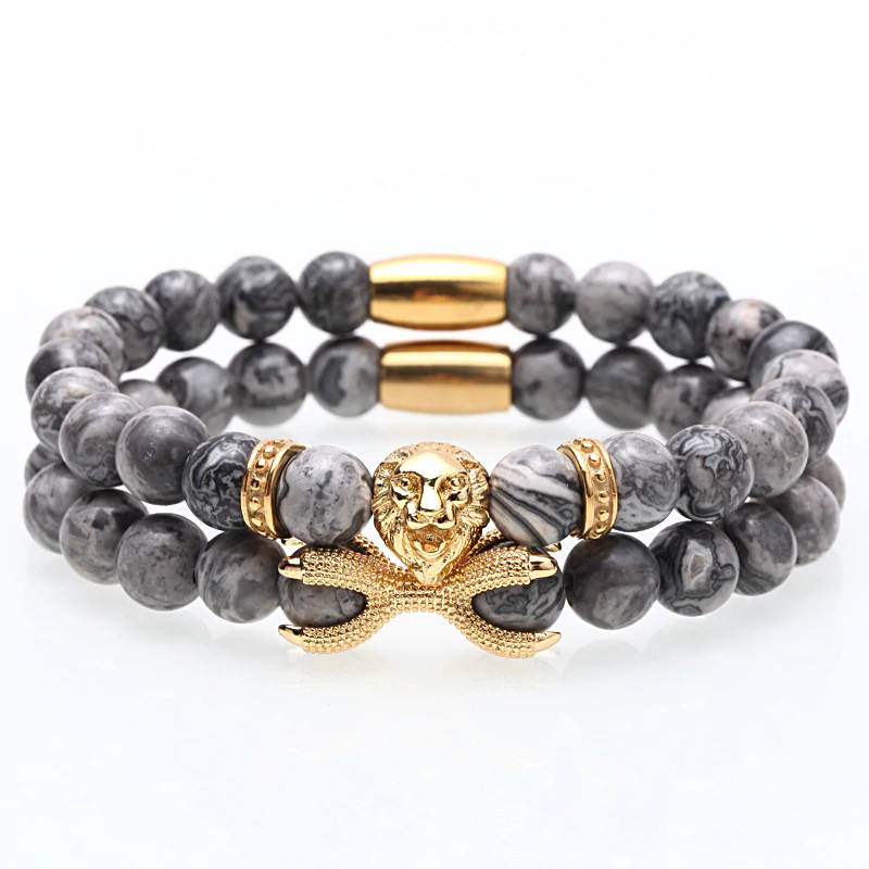 Strand Bracelet Stone Beads Lion Charm Men's Bracelets