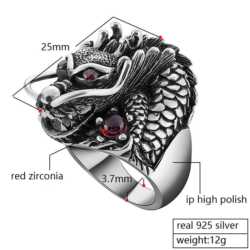 925 Silver Dragon Red Zircon Eye Ring