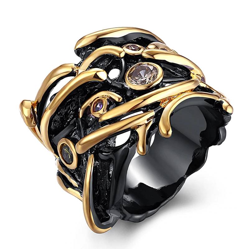 Ring For Women Gothic Unique Black Gold Color CZ Women's Rings