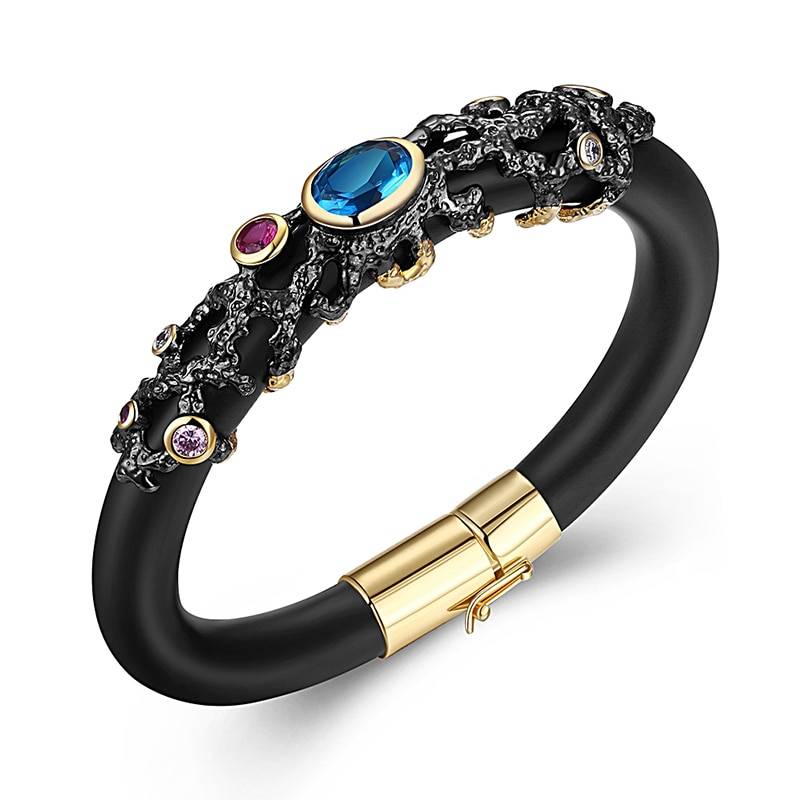 Neo Gothic Rubber Black Gold Multi Color CZ Bangle Bracelets & Bangles