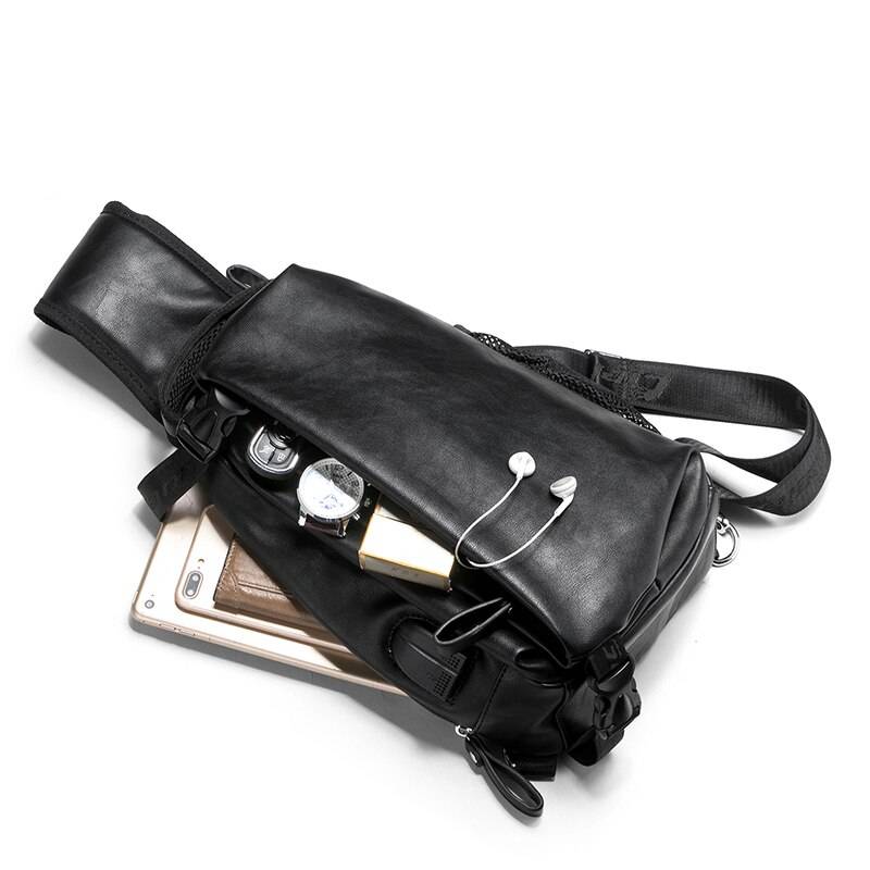 Leather Sling Bag with USB Charging Port Chest Waist Bags