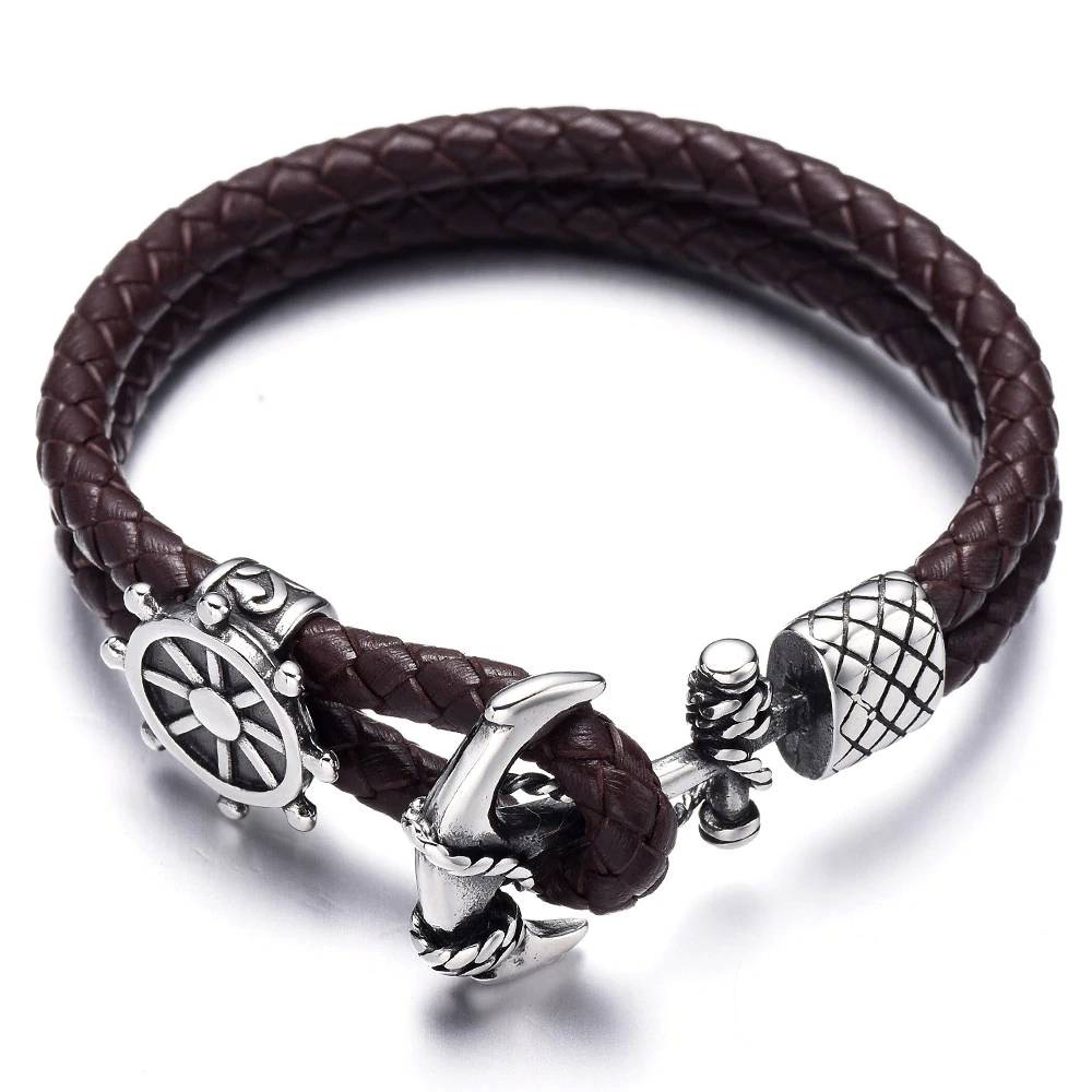 Leather Wrap Bracelet with Anchor Charm Men's Bracelets