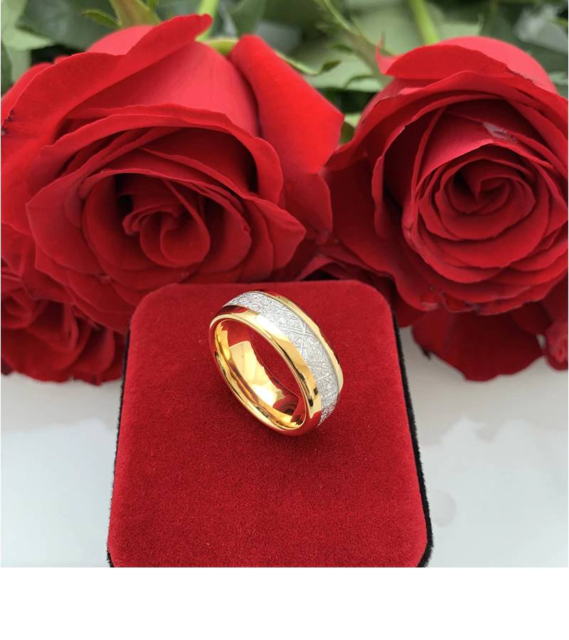 Wedding Tungsten Gold Ring with Meteorite Inlay Mens Rings Women's Rings
