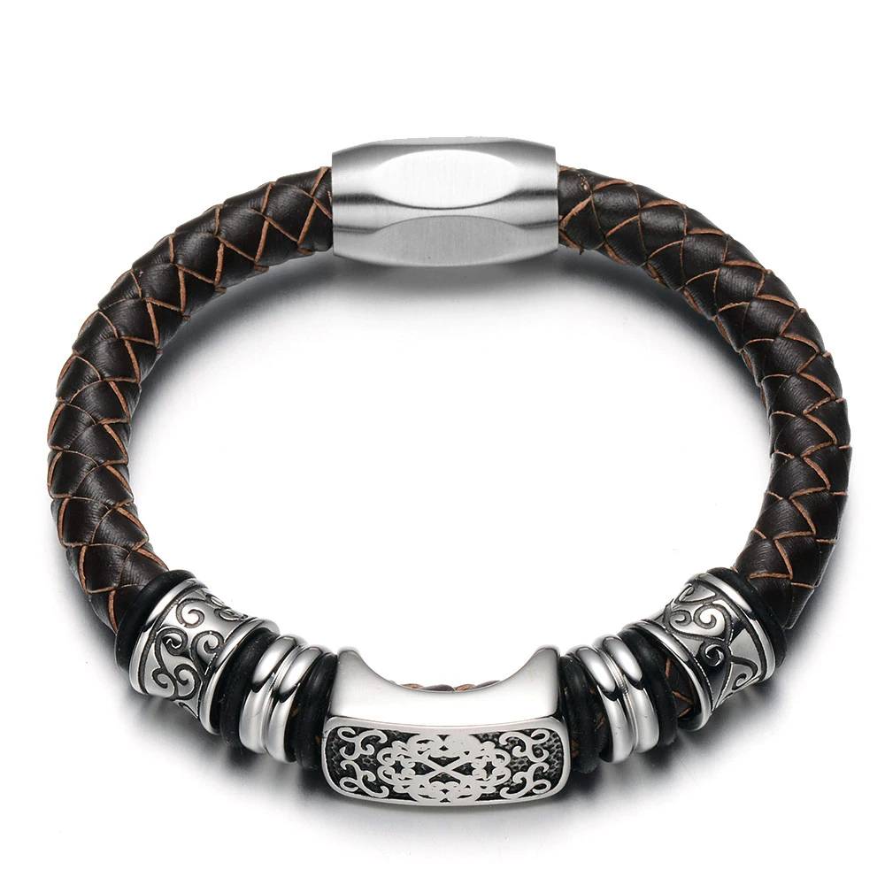 Men's Leather Bracelet Stainless Steel Beads Men's Bracelets