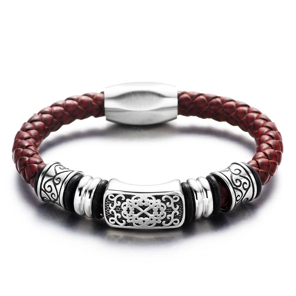 Men's Leather Bracelet Stainless Steel Beads Men's Bracelets