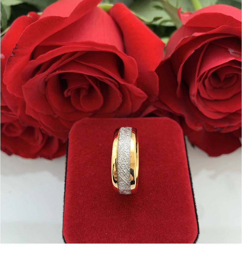 Wedding Tungsten Gold Ring with Meteorite Inlay Mens Rings Women's Rings