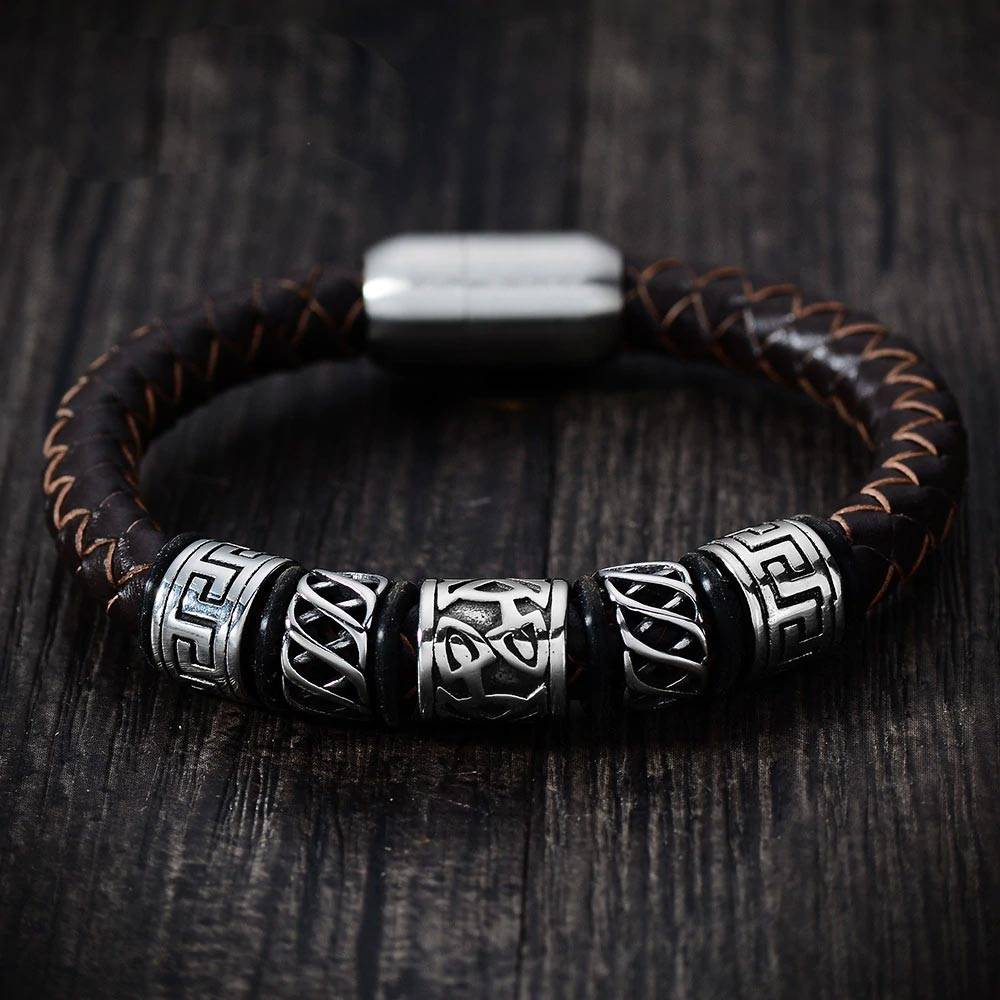 Men's Black Leather Celtic Beads Bracelet Men's Bracelets