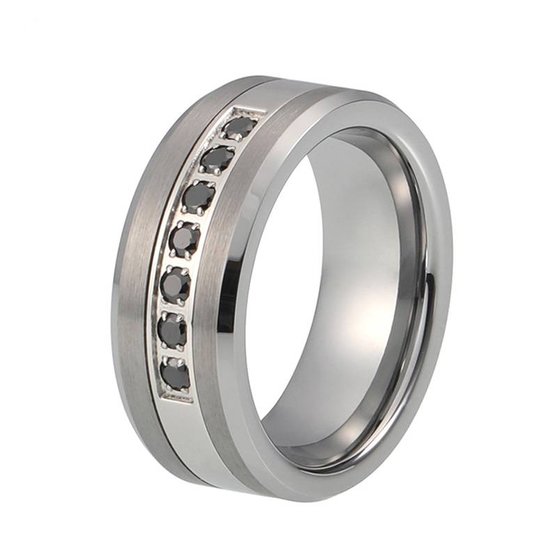 Tungsten Steel Ring With 7 Black CZ Stones Mens Rings Women's Rings