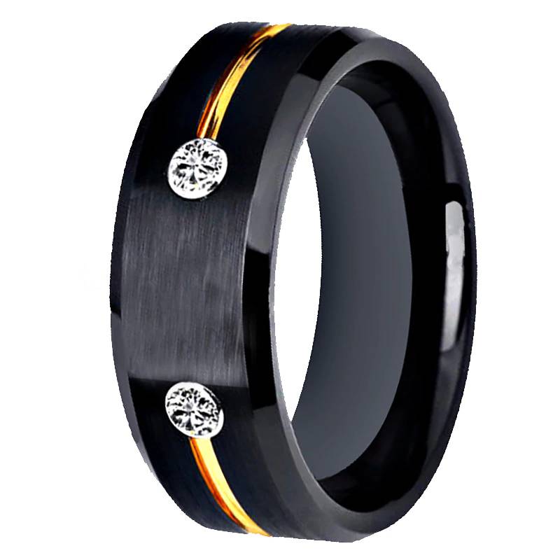 Tungsten Wedding Band Golden Groove CZ inlay Mens Rings