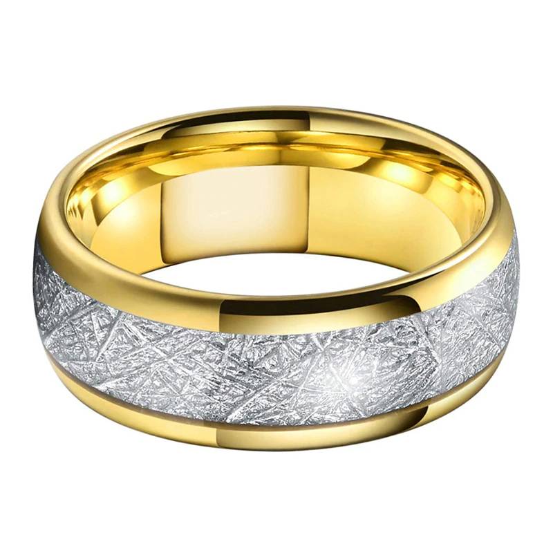 Wedding Tungsten Gold Ring with Meteorite Inlay Mens Rings Women's Rings
