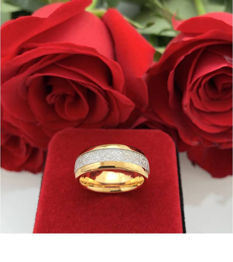 Wedding Tungsten Gold Ring with Meteorite Inlay Mens Rings Women's Rings