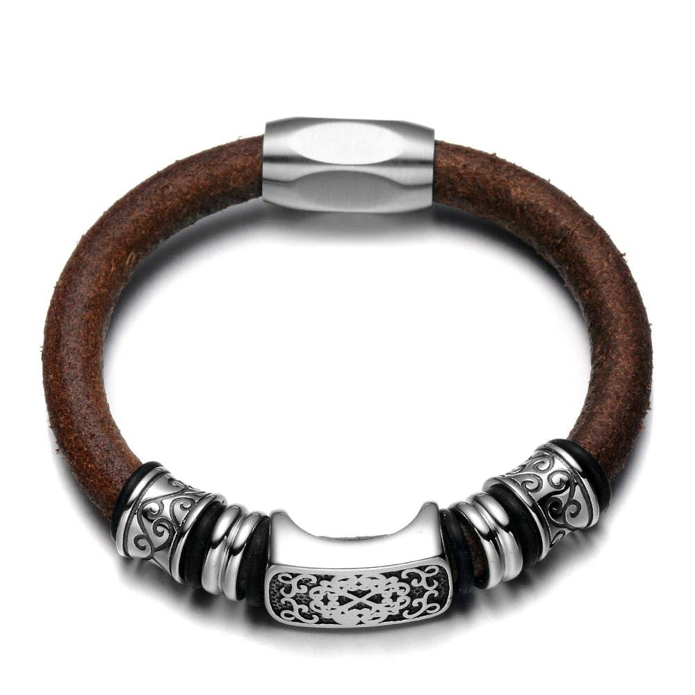 Men's Leather Bracelet Stainless Steel Beads Men's Bracelets