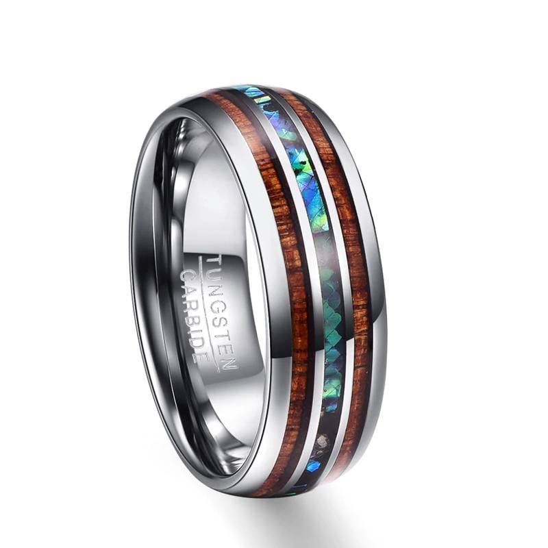 Tungsten Carbide Ring 8mm Wood and Shell Mens Rings
