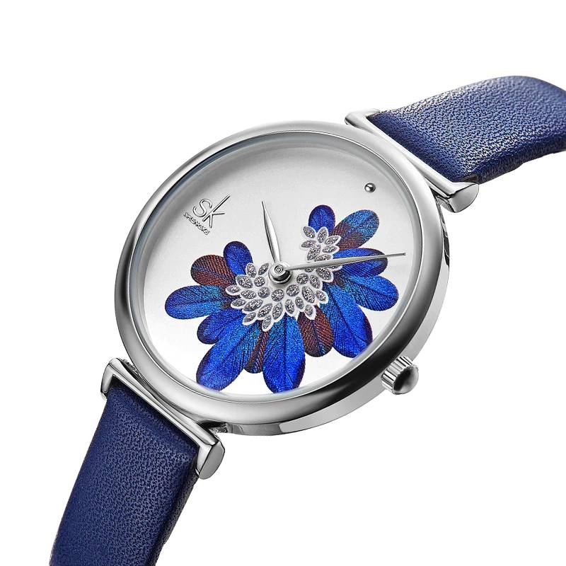Shengke Stylish Ladies Wrist Watch Blue Feather Women's Watches