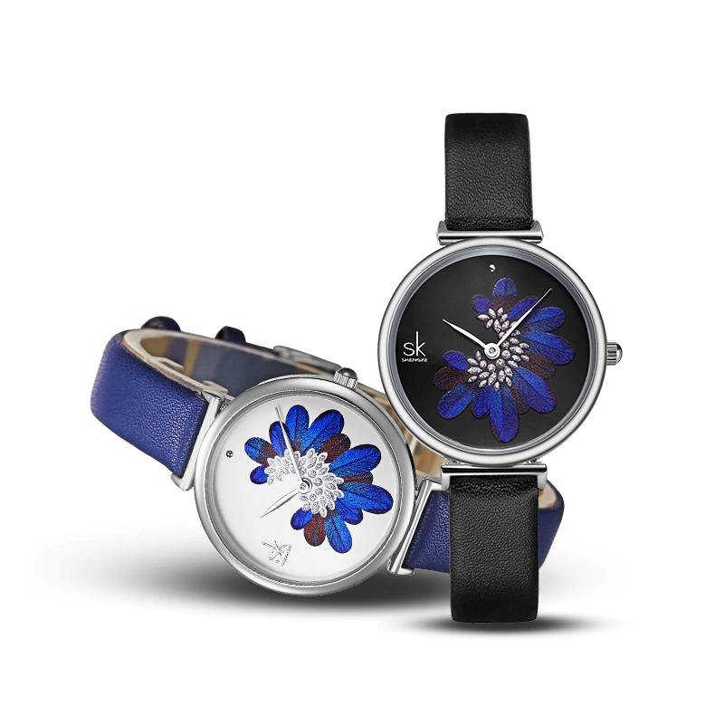Shengke Stylish Ladies Wrist Watch Blue Feather Women's Watches