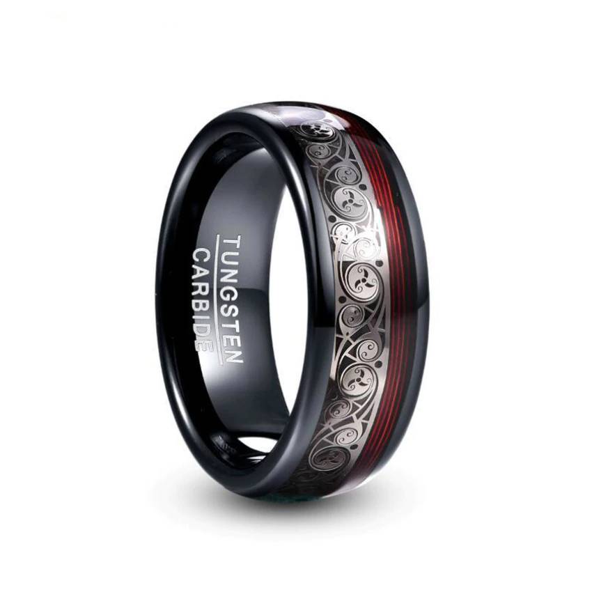 8mm Black Tungsten Ring Spiral Pattern Inlay Mens Rings