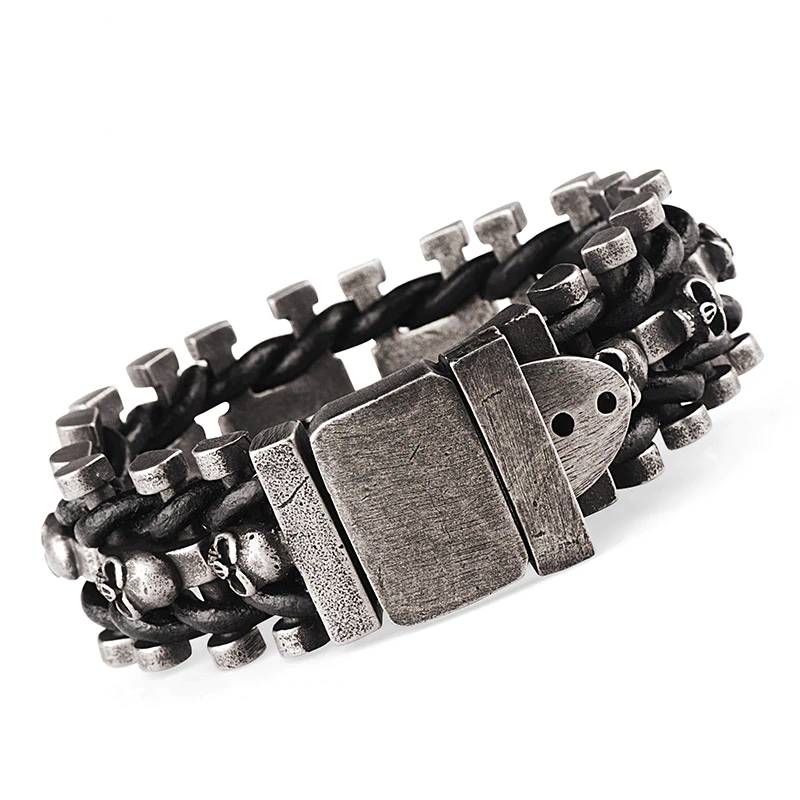 Leather Skull Bracelet for Men Stainless Steel Men's Bracelets