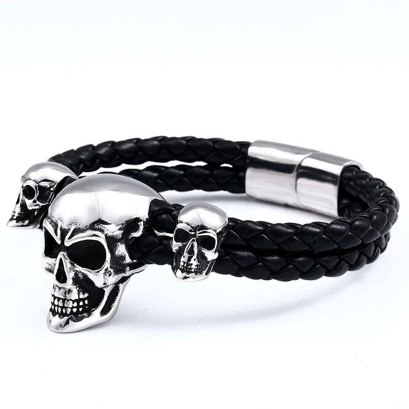 Stainless Steel Skull Mens Leather Bracelet | Jewelry Addicts