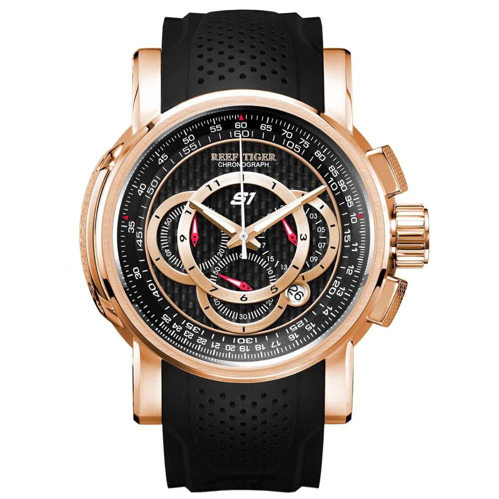Mens Chronograph Sport Steel Rubber Strap Watches Reef Tiger Watches For Men