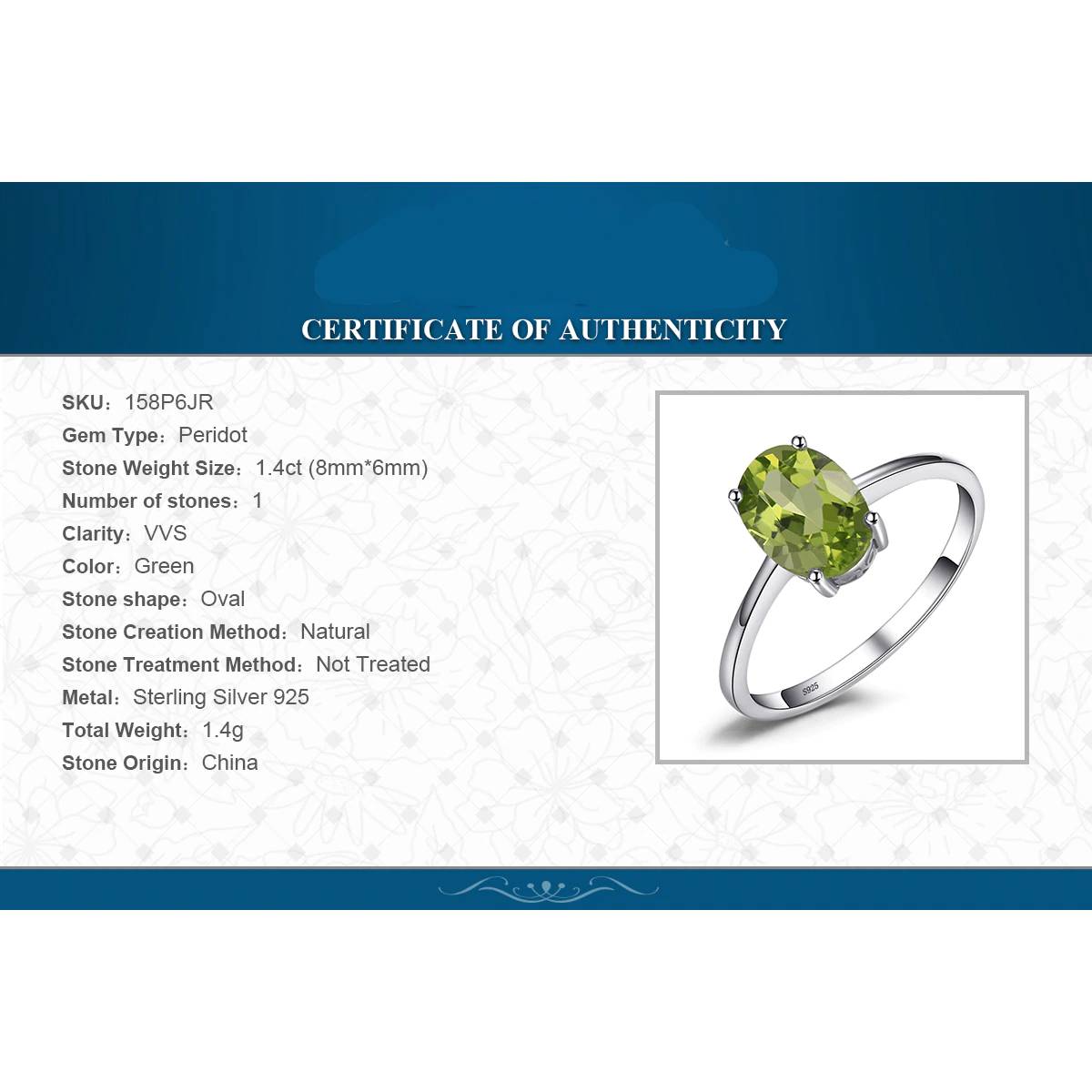 Genuine Peridot Solitaire 925 Silver Ring for Women Women's Rings